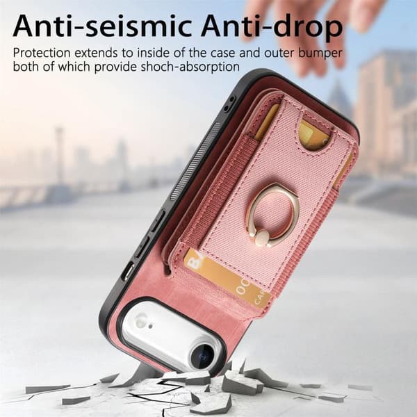 iPhone 17 Air Skal läderfodral med retro delbart magnetiskt stativ och kortfack Rosa