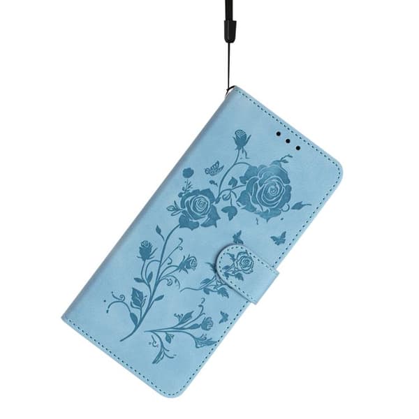 iPhone 18 Pro Max / iPhone 17 Pro Max Skal läderfodral med rosblomma präglad mönster Himmelsblå