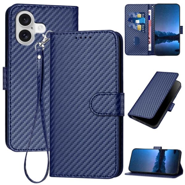 iPhone 17 Skal läderfodral - kolfiber med lanyard Kunglig blå