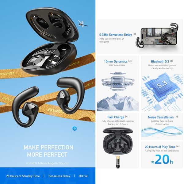 awei T67 Air Conduction TWS Bluetooth-hörlurar Kaki