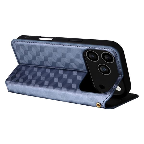iPhone 18 Pro / iPhone 17 Pro Skal läderfodral med kubisk rutmönster Blå