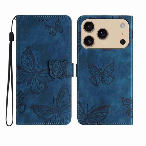 iPhone 18 Pro Max / iPhone 17 Pro Max Skal läderfodral med präglad fjärilsmönster Blå