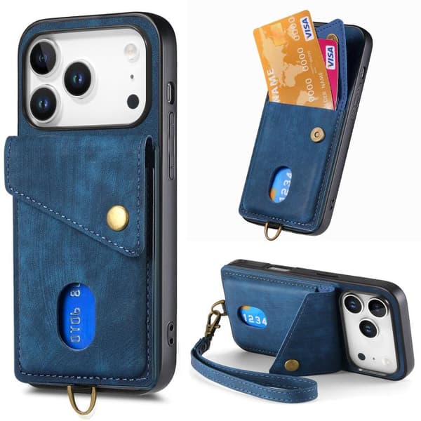 iPhone 18 Pro Max / iPhone 17 Pro Max Skal läderfodral med retro kortficka och rem Blå