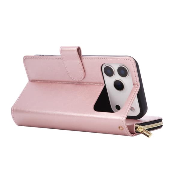 iPhone 18 Pro Max / iPhone 17 Pro Max Skal läderfodral med 9 kortfack och dragkedja Roséguld