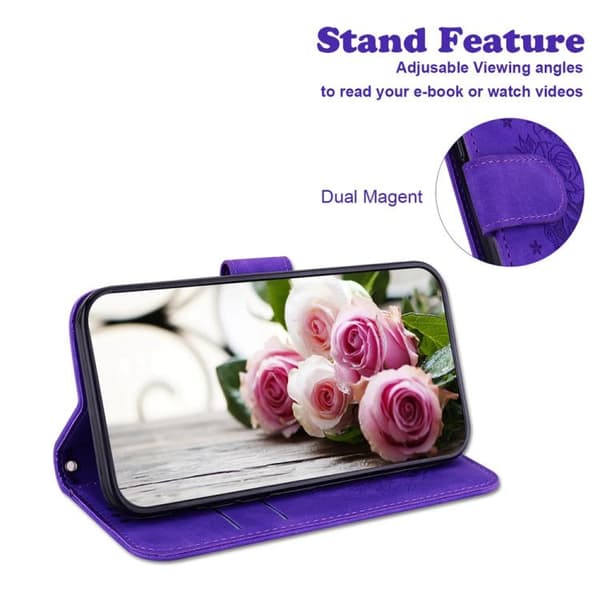 iPhone 18 Pro / iPhone 17 Pro Skal Läderfodral med Embossed Butterfly Rose Purpur