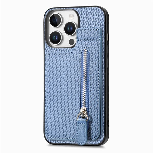 iPhone 16 Pro Kolfiber Vertikal Flip Zipper Skal Blå