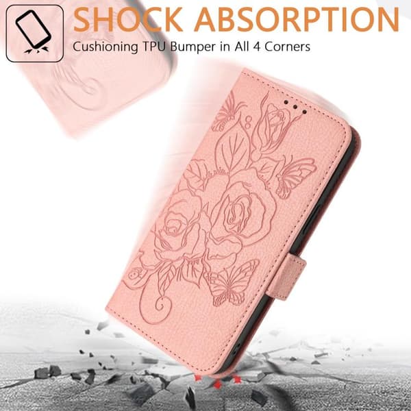 iPhone 18 Pro Max / iPhone 17 Pro Max Skal läderfodral med präglad ros och RFID-skydd Rosa