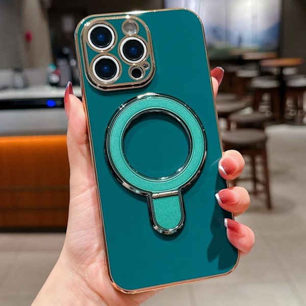 iPhone 16 Pro Max Solid Color Elektropläterad Metallhållare Skal Mörkgrön