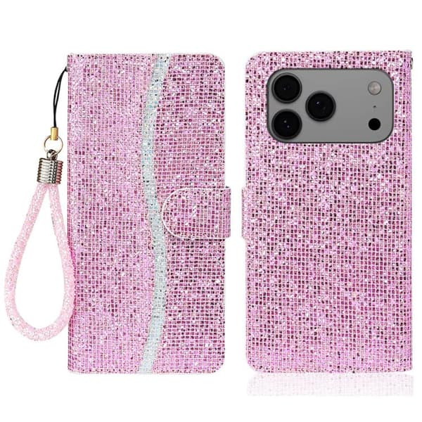 iPhone 18 Pro / iPhone 17 Pro Skal Läderfodral med Glitterpulver Rosa
