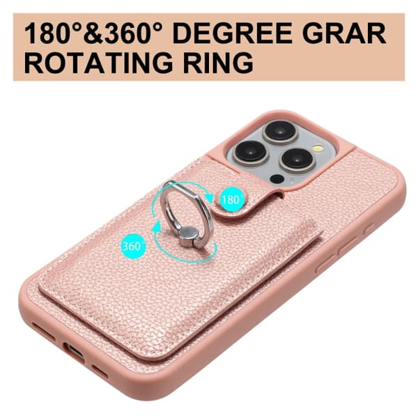 iPhone 16 Pro Max Litchi Textur Ritkort Väska Ringhållare Skal Roséguld