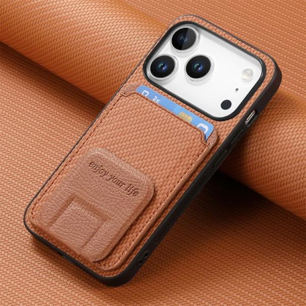 iPhone 17 Pro Max Skal - Kolfiber med Kortficka och Fällbart Ställ Brun