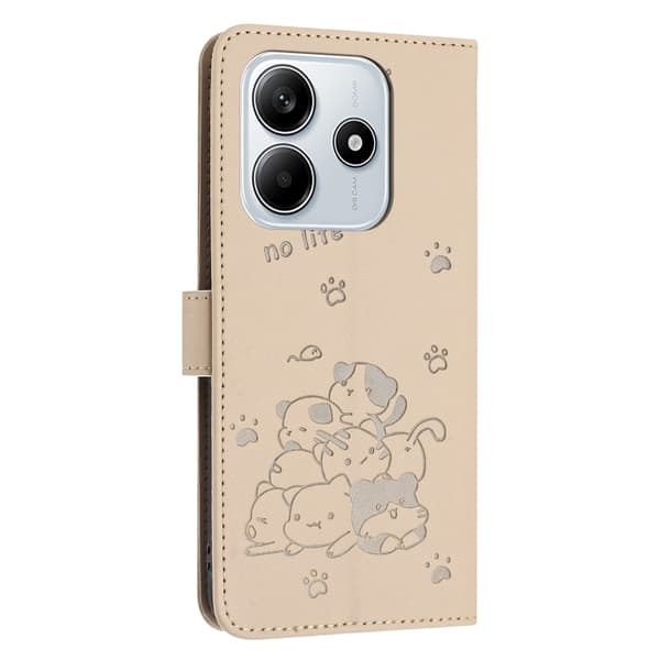 Redmi Note 14 5G - Prägad Katt Mobilskalsläder med Lanyard Beige