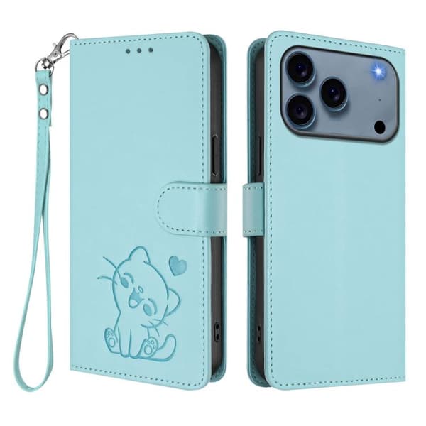iPhone 18 Pro Max / iPhone 17 Pro Max Skal läderfodral med präglat hjärta och kattdesign samt handrem Mintgrön