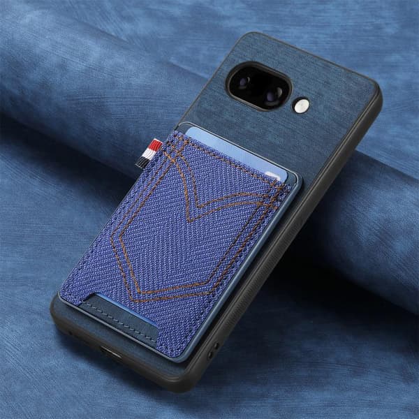 för Pixel 9a Skal i Denim Textur Läder med Kortfack Blå