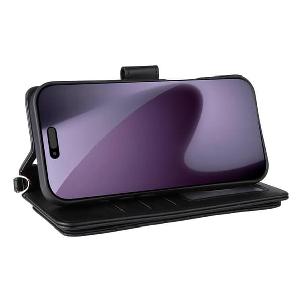 iPhone 18 Pro Max / iPhone 17 Pro Max Skal Läderfodral med Multifunktionella 6-Kortsplatser och Handledsrem Svart