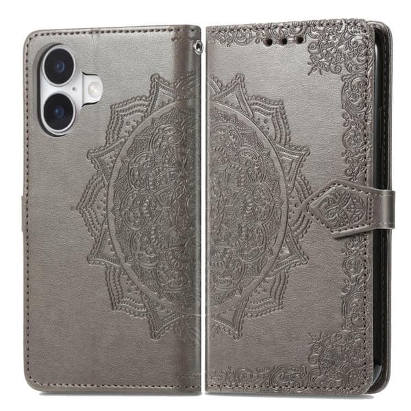 iPhone 17 Skal Läderfodral med Mandala Blomma Prägling Grå