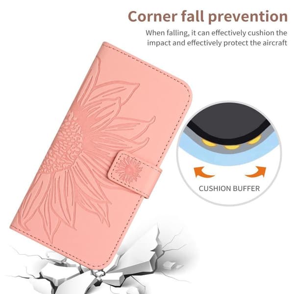 iPhone 18 Pro Max / iPhone 17 Pro Max Skal läderfodral med solblomma, präglad flip och lanyard Rosa