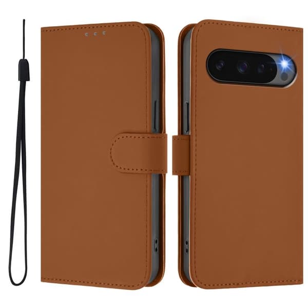 för Pixel 10 Pro XL Skal i Solid Färg Läderfodral med Lanyard Brun