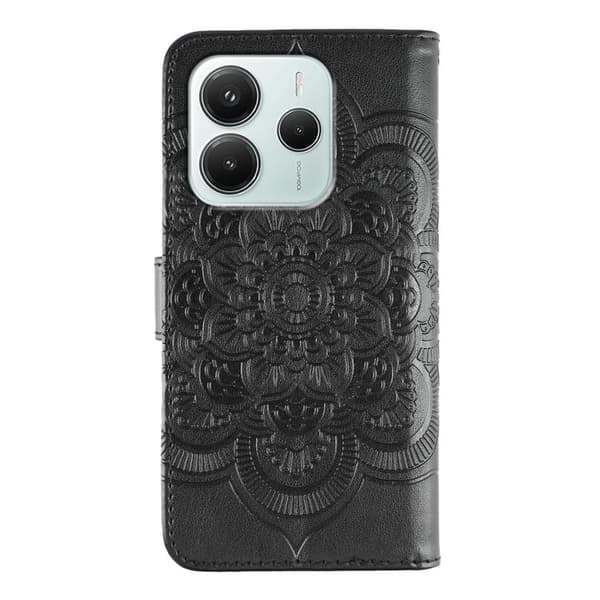 Redmi Note 14 4G - Läderfodral med Sol Mandala Prägling, Svart