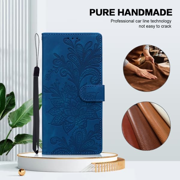 Redmi Note 14 Pro 5G - Lacey Blommönstrad Embossed Magnetisk Spänne PU fodral med Handledsrem Blå
