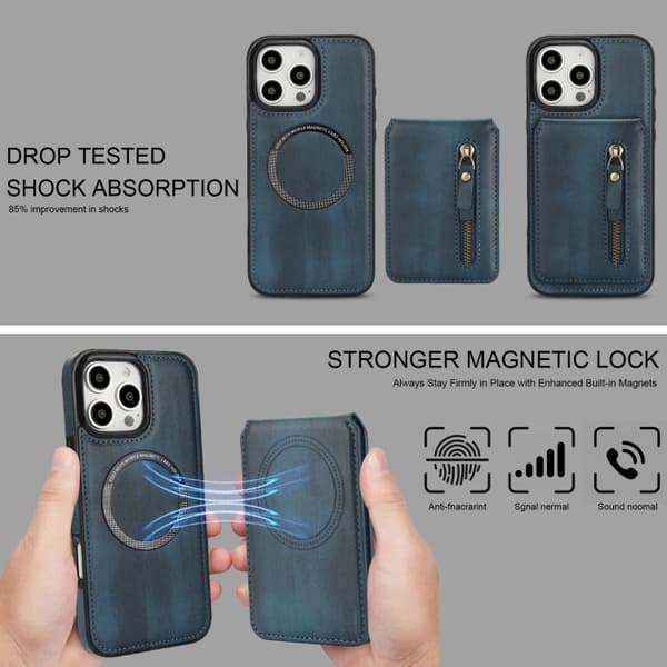 iPhone 16 Pro Zipper Wallet Split MagSafe Läder Fodral Skal Blå