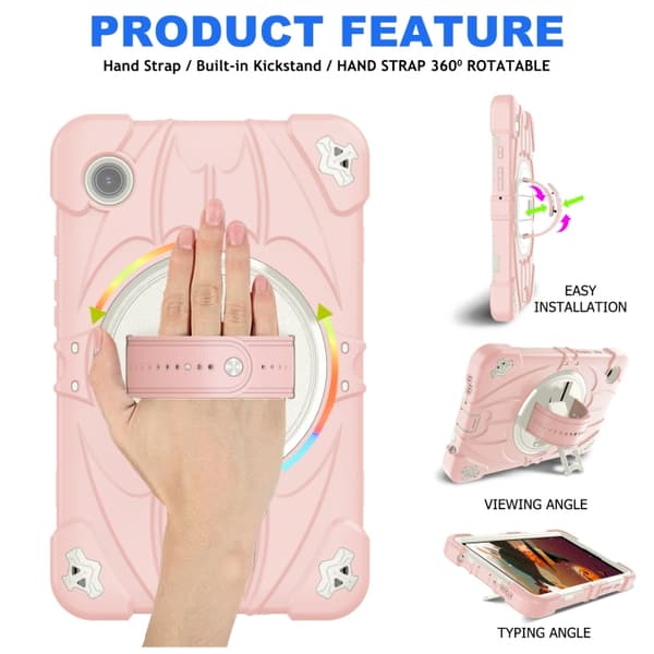 Samsung Galaxy Tab A9 / A11 Bat Hand Grip Ställ Rosa Vit