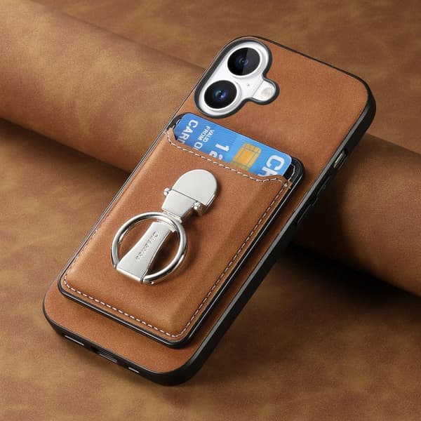 iPhone 17 Skal med Retro Fällbart Ringhållare och Kortfack MagSafe Brun