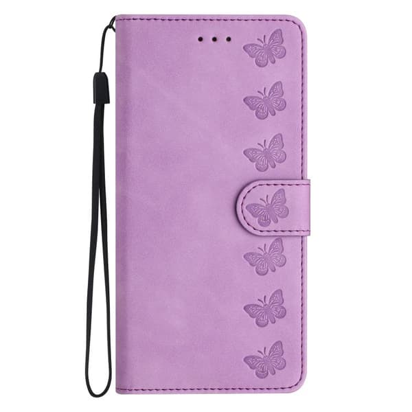 iPhone 18 Pro Max / iPhone 17 Pro Max Skal Läderfodral med Sju Präglingar av Fjärilar Purpur