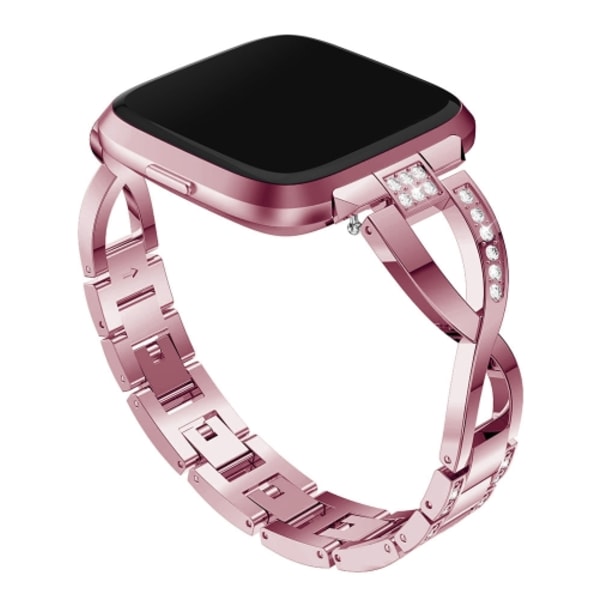 X-formad watch i massivt rostfritt stål med diamanter för Fitbit Versa Lite Pink