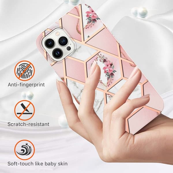 iPhone 16 Pro Skal med Splicing Marmor Blomma IMD TPU Design Rosa blomma
