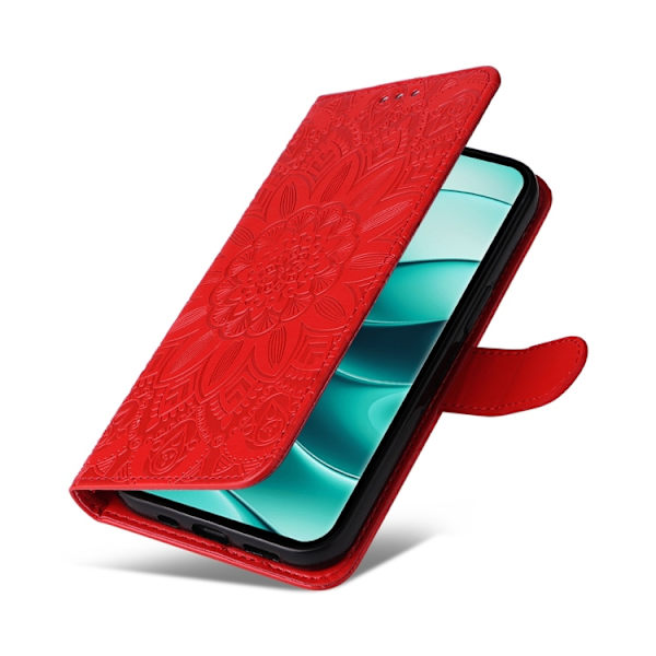 Redmi Note 14 Pro 5G / Note 14 Pro+ 5G - Prägad Solros Läderfodral Röd