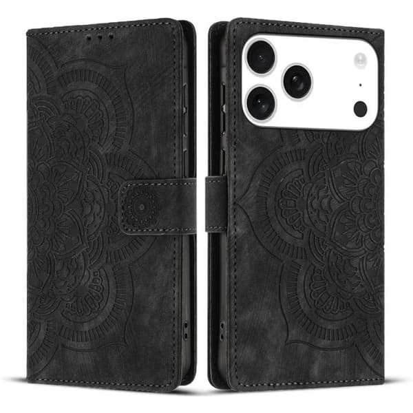 iPhone 18 Pro Max / iPhone 17 Pro Max Skal Läderfodral med Mandala Prägling - Retro Frostad Design Svart