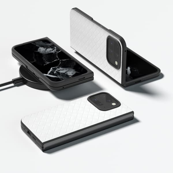 för Pixel 9 Pro Fold - Skal med Svart Ram och Vävstruktur i PU Vit