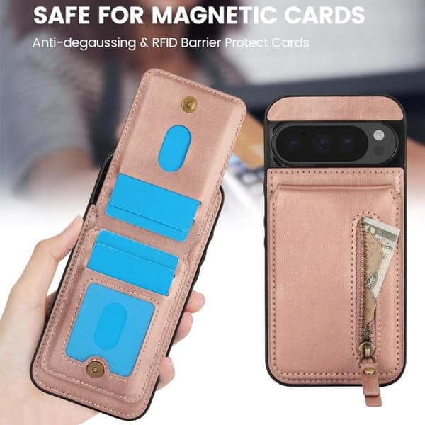för Pixel 9 Pro XL Skal med Dragkedja och Split MagSafe i Läder Roséguld