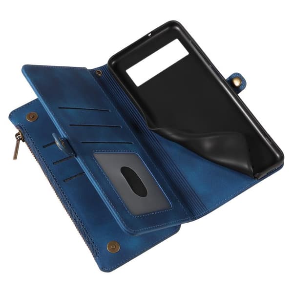 för Pixel 8a Fodral i Läder - Multifunktionell Zipper Plånbok Skal Blå
