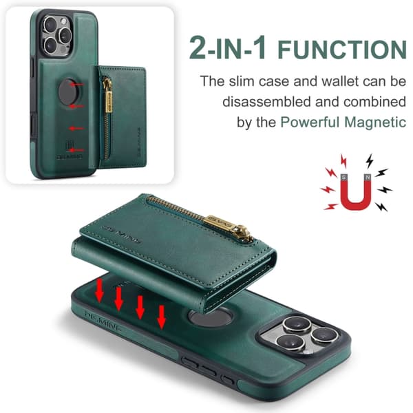 iPhone 16 Pro DG.MING M5 Series Zip RFID Multi Card Avtagbart Läder Fodral Skal Grön