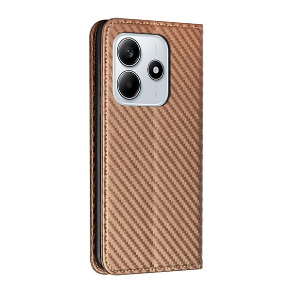 Redmi Note 14 5G - Magnetisk Flip Läderfodral med Kolfibertextur Brun