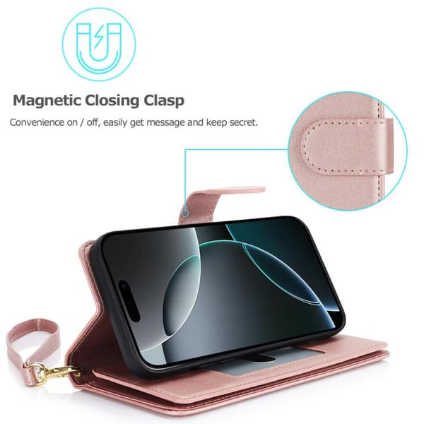 iPhone 18 Pro Max / iPhone 17 Pro Max Skal läderfodral med RFID och flera kortfack Roséguld