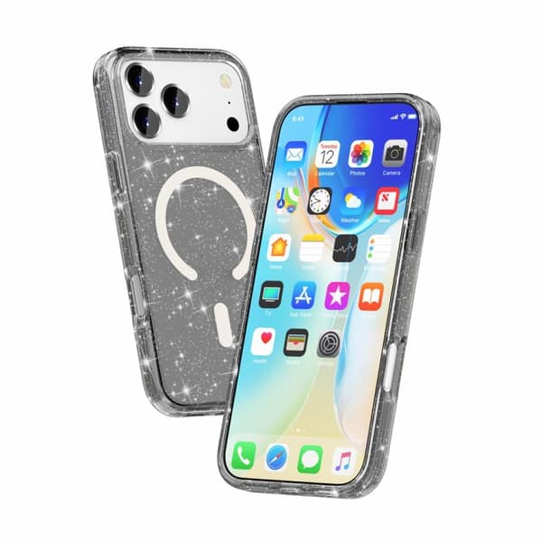 iPhone 18 Pro Max / iPhone 17 Pro Max Skal - Terminator Stil med Glittrande Pulver och MagSafe Magnet Svart