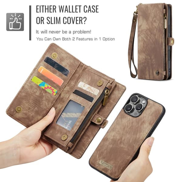 iPhone 16 Pro Max Skal CaseMe 008 Avtagbart Multifunktionellt Läderfodral Brun