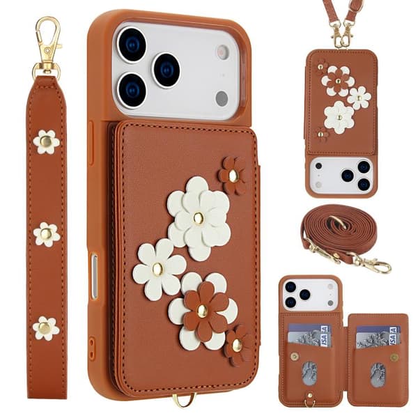 iPhone 18 Pro Max / iPhone 17 Pro Max Skal läderfodral med blommönster Brun