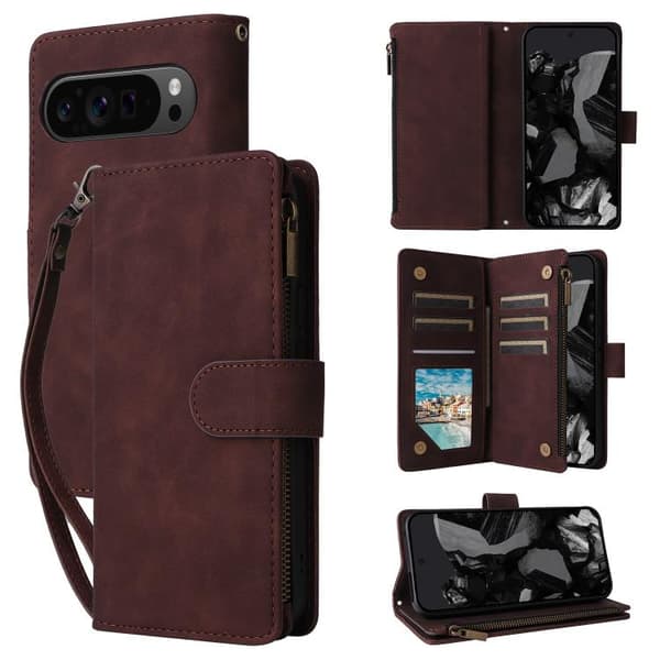 för Pixel 10 Pro XL - Multifunktionell Multi-Kort Plånboks Skal i Läder Kaffe