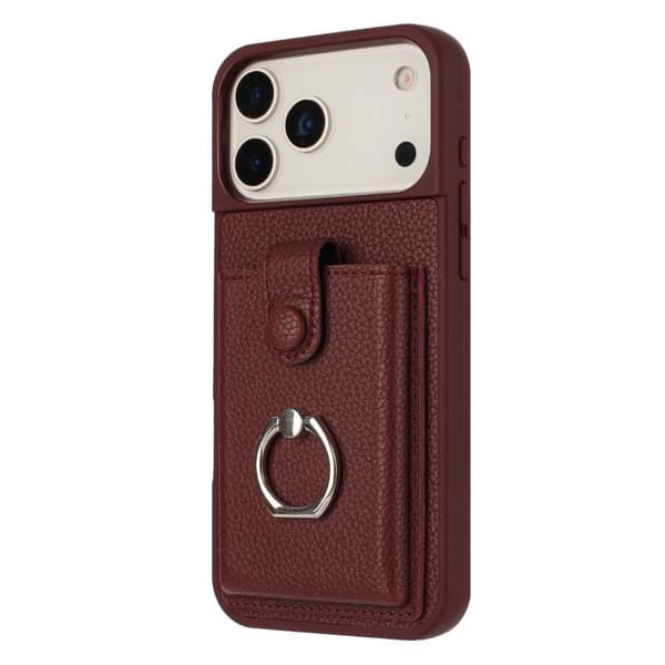 iPhone 17 Pro Skal med Litchi-textur och Ringhållare Vinrött