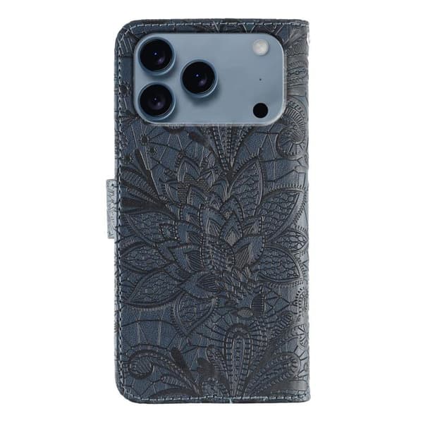 iPhone 17 Pro Max Skal läderfodral med spetsblommor och präglad design Mörkblå