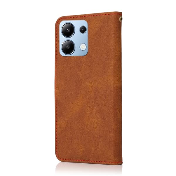Redmi Note 14 4G - Dubbelfärgad Sömmad Läderfodral Brun Röd