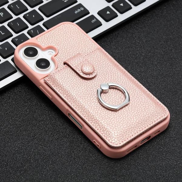 iPhone 17 Skal med Litchi-textur och Ringhållare Roséguld