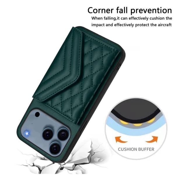 iPhone 18 Pro / iPhone 17 Pro Skal med Rhombisk Textur och Lång Lanyard Grön