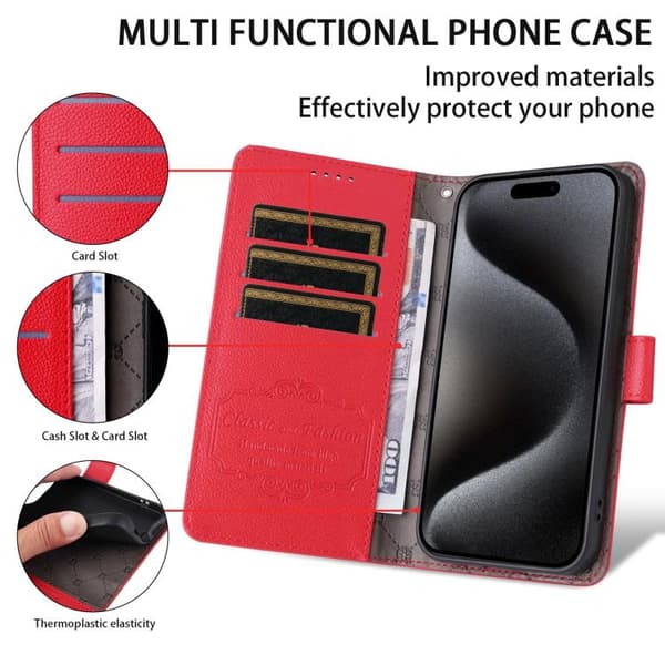 iPhone 18 Pro Max / iPhone 17 Pro Max Skal läderfodral med Litchi-textur och RFID-blockering för 3 kort Röd