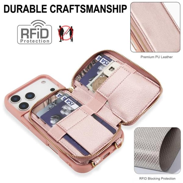 iPhone 18 Pro Max / iPhone 17 Pro Max Skal med Crossbody Dragkedja och RFID Kortficka Roséguld