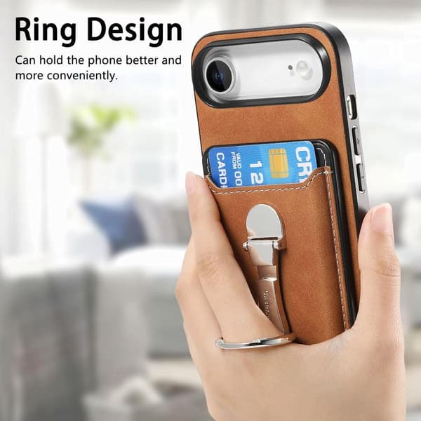 iPhone 17 Air Skal med Retro Fällbart Ringhållare och Kortfack MagSafe Brun